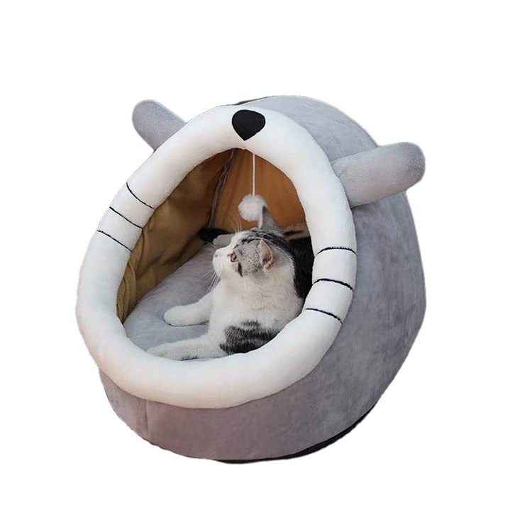 MiawP Cat Cave Bed – 2-in-1 Cat House with Hanging Toy for Cats & Small Dogs (Grey)