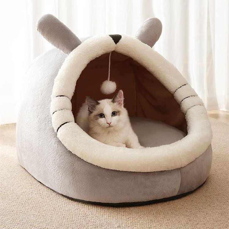 MiawP Cat Cave Bed – 2-in-1 Cat House with Hanging Toy for Cats & Small Dogs (Grey)