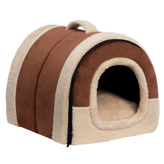 MiawP 2-in-1 Foldable Cat Bed – Crystal Velvet Cat Cave for Cats & Small Dogs (Coffee)
