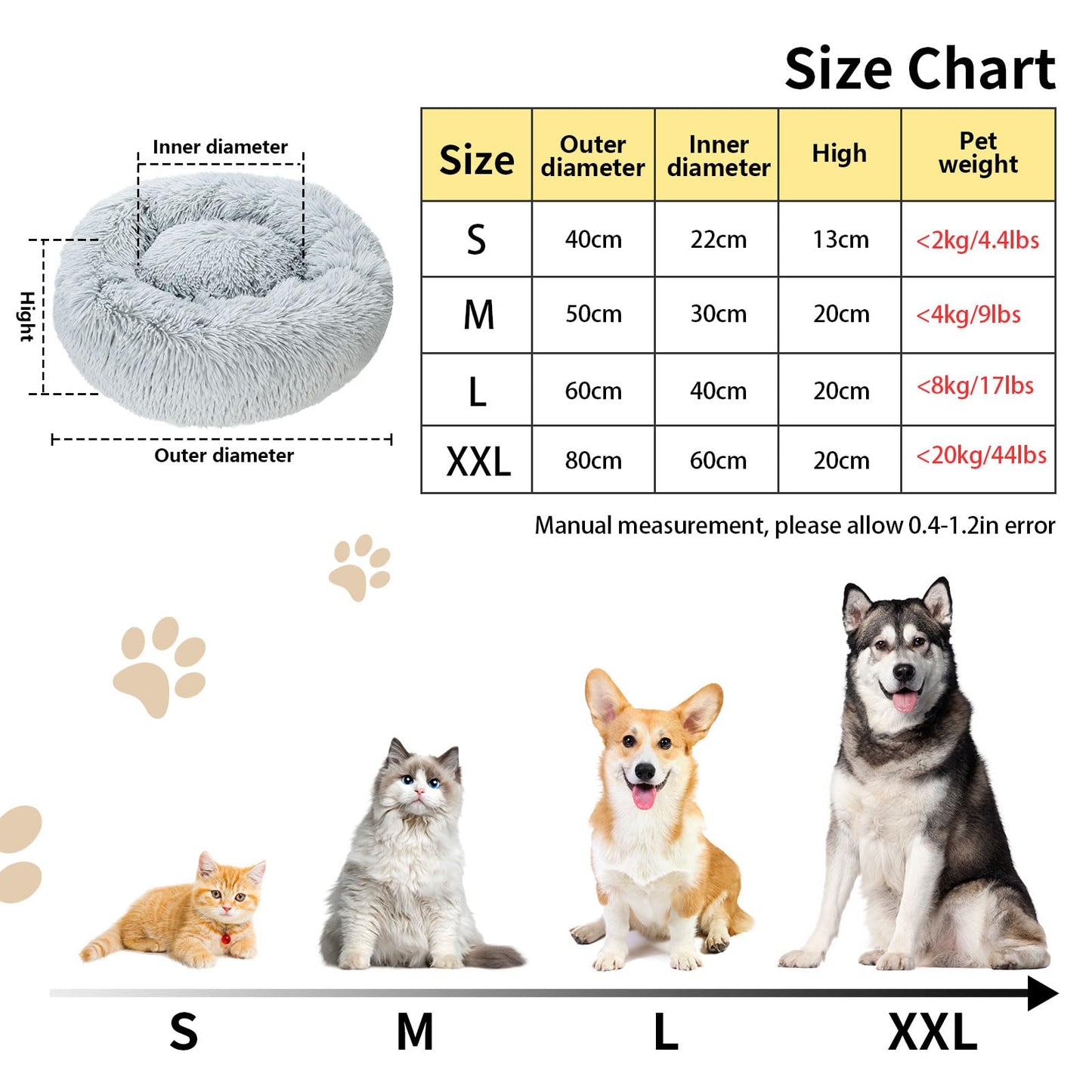 MiawP Calming Round Pet Bed 50cm – Cozy Plush Cuddler with Non-Slip Base (Light Grey)