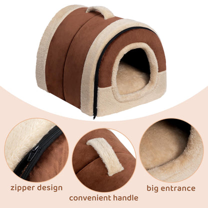 MiawP 2-in-1 Foldable Cat Bed – Crystal Velvet Cat Cave for Cats & Small Dogs (Coffee)