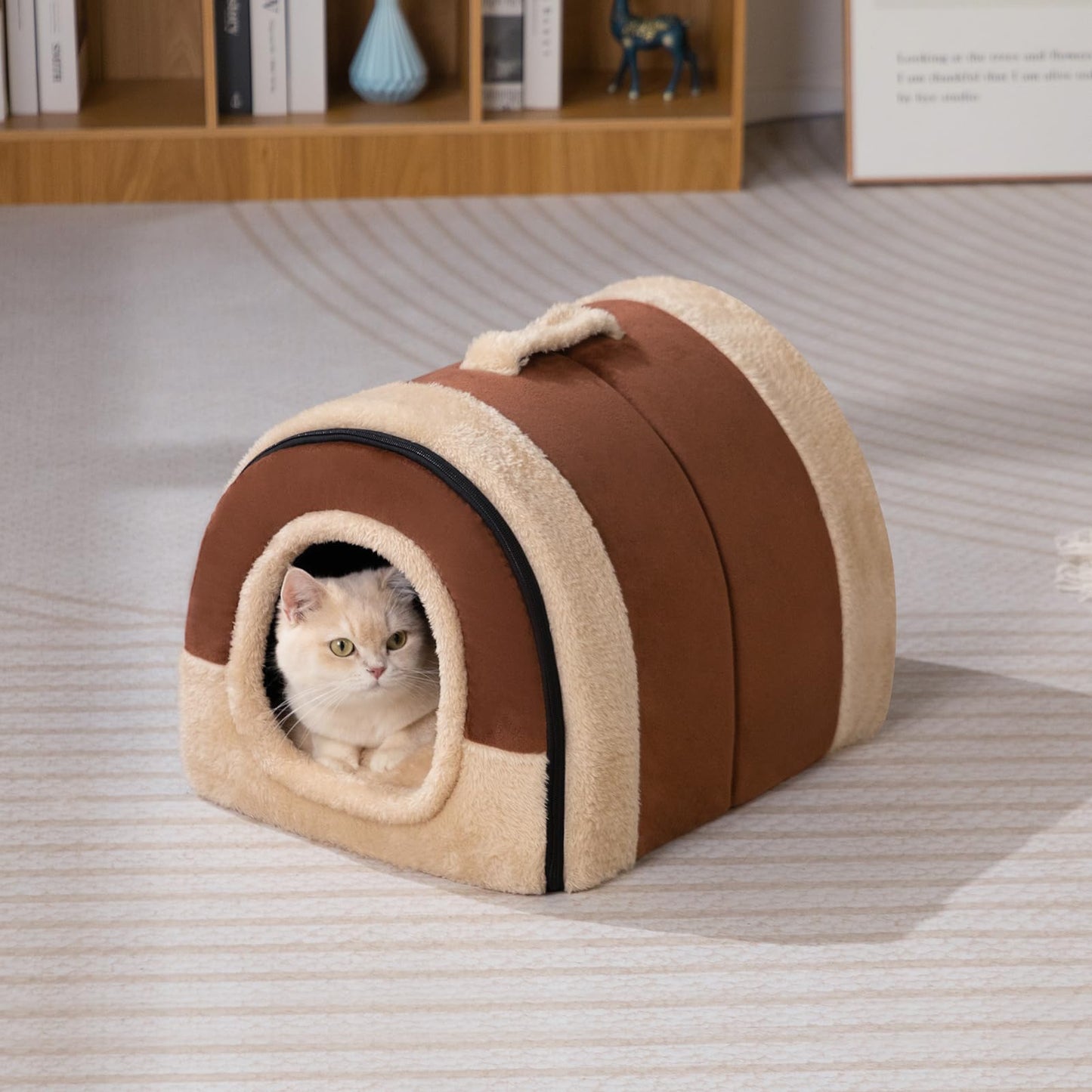 MiawP 2-in-1 Foldable Cat Bed – Crystal Velvet Cat Cave for Cats & Small Dogs (Coffee)