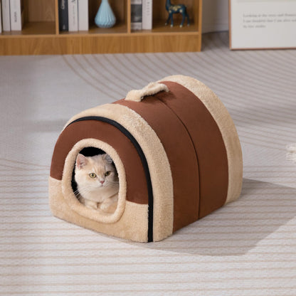 MiawP 2-in-1 Foldable Cat Bed – Crystal Velvet Cat Cave for Cats & Small Dogs (Coffee)