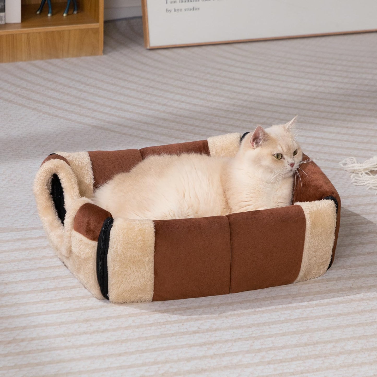 MiawP 2-in-1 Foldable Cat Bed – Crystal Velvet Cat Cave for Cats & Small Dogs (Coffee)