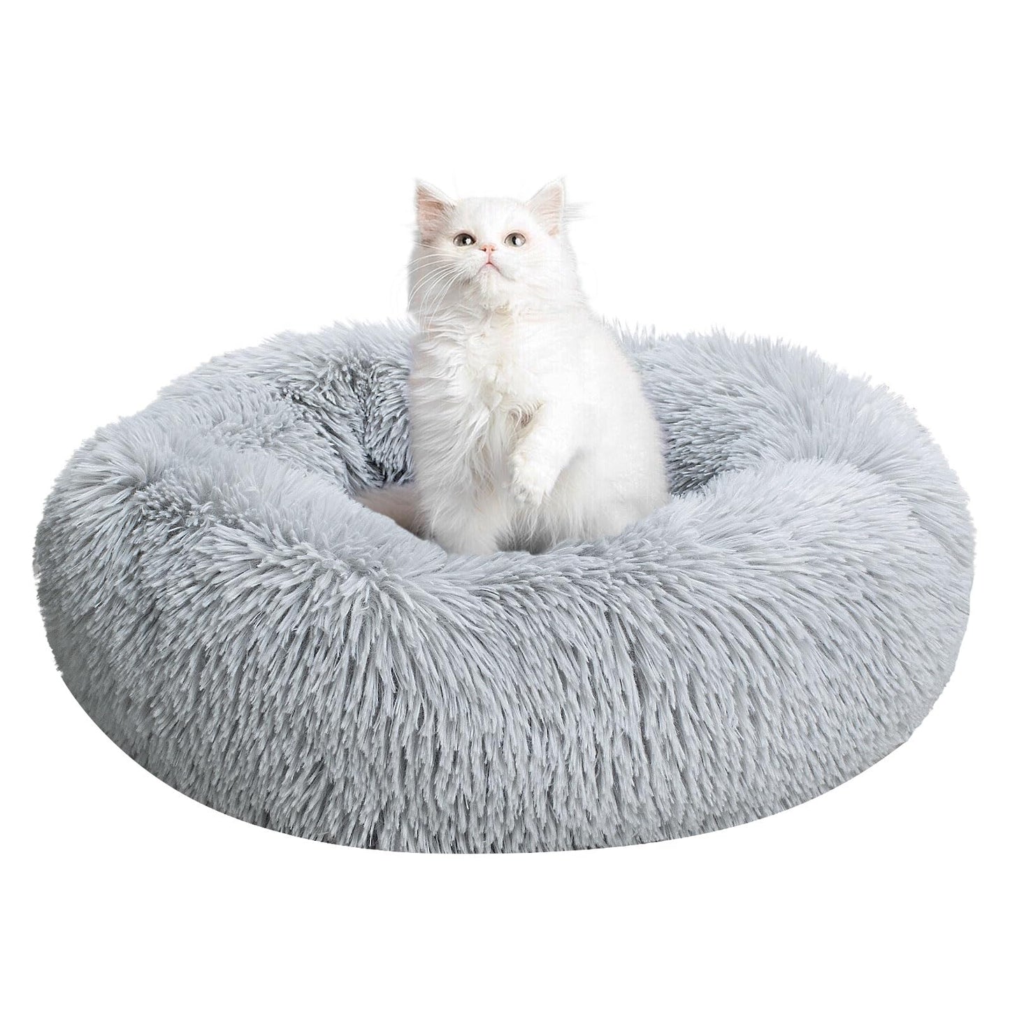 MiawP Calming Round Pet Bed 50cm – Cozy Plush Cuddler with Non-Slip Base (Light Grey)