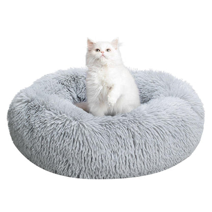 MiawP Calming Round Pet Bed 50cm – Cozy Plush Cuddler with Non-Slip Base (Light Grey)