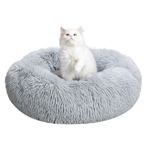 MiawP Calming Round Pet Bed 50cm – Cozy Plush Cuddler with Non-Slip Base (Light Grey)