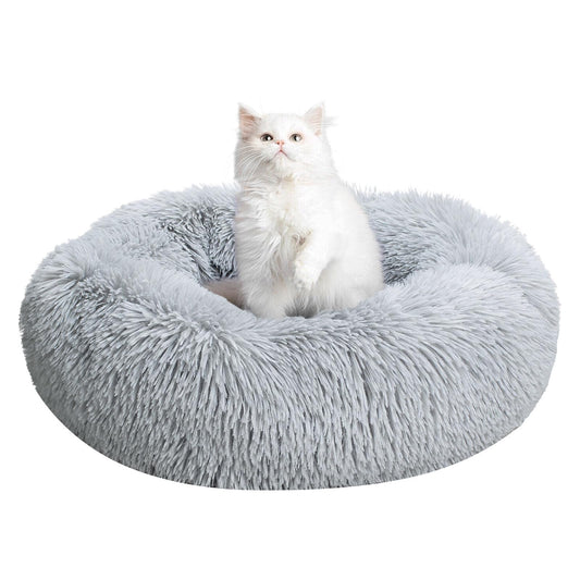 MiawP Calming Round Pet Bed 50cm – Cozy Plush Cuddler with Non-Slip Base (Light Grey)