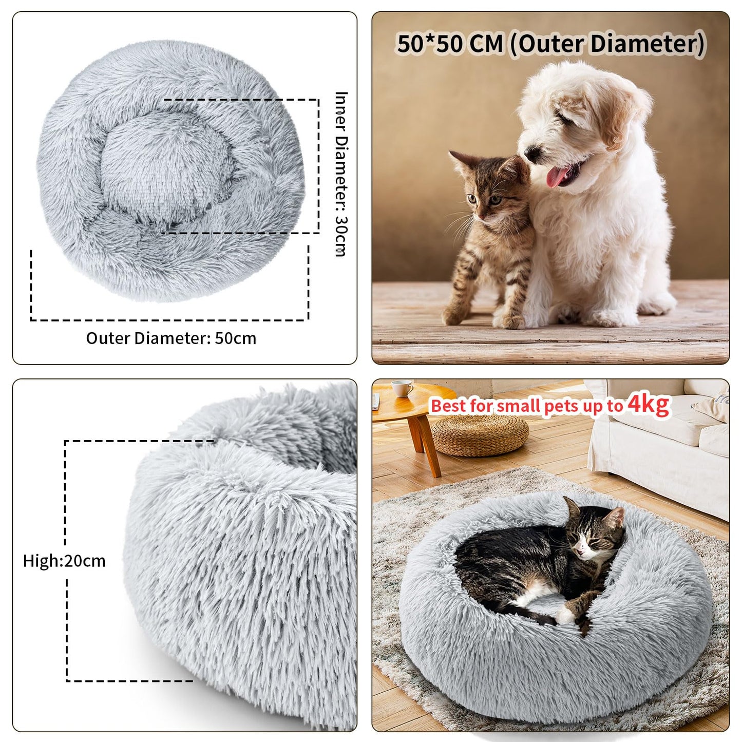 MiawP Calming Round Pet Bed 50cm – Cozy Plush Cuddler with Non-Slip Base (Light Grey)