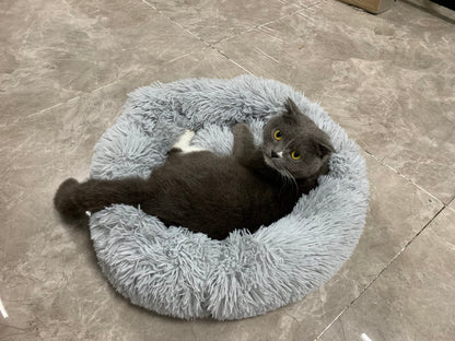 MiawP Calming Round Pet Bed 50cm – Cozy Plush Cuddler with Non-Slip Base (Light Grey)